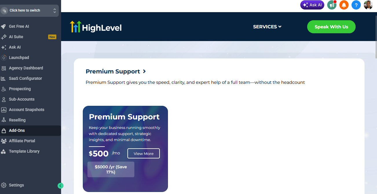 GoHighLevel Add-Ons services menu showing Premium Support at $500 per month