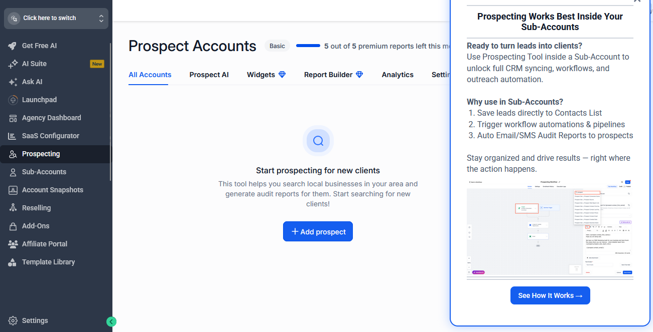 GoHighLevel Prospecting Dashboard with prospect accounts panel and sub-account workflow