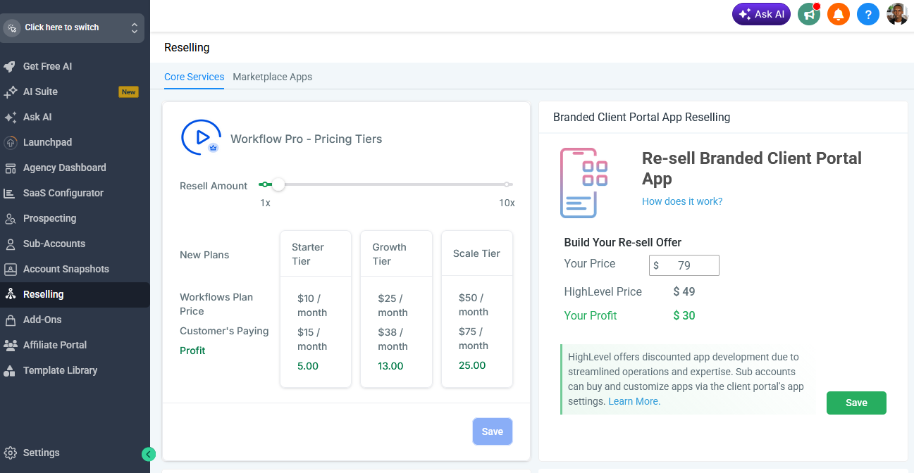 GoHighLevel Reselling dashboard Core Services with Workflow Pro pricing tiers and resell amount slider