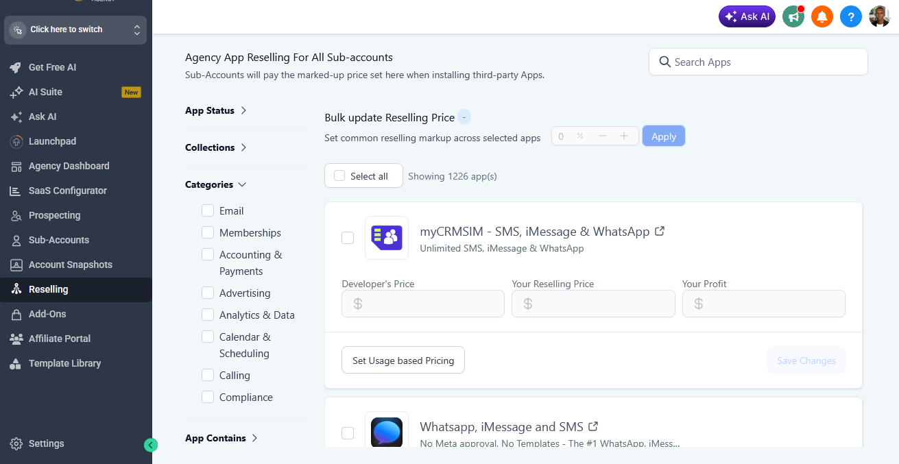 GoHighLevel Reselling Marketplace Apps with bulk markup pricing across 1,226 apps
