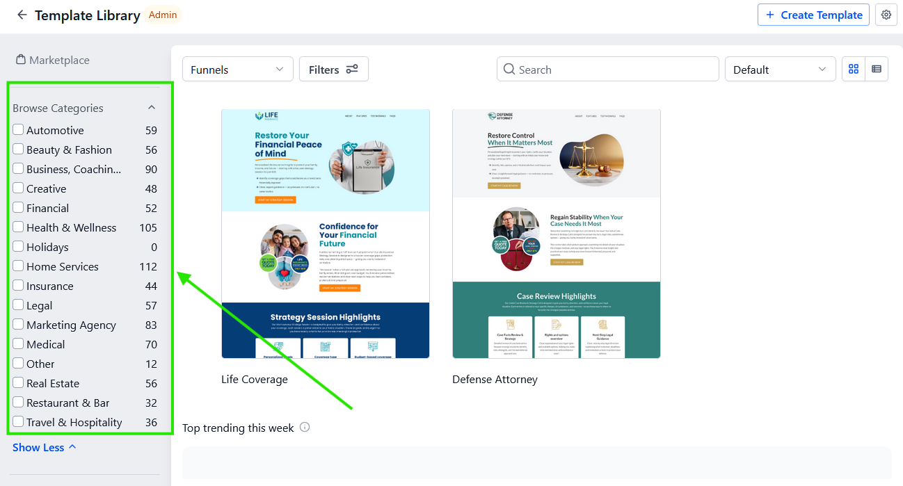 GoHighLevel Website Template Library with categorised funnel templates for agencies