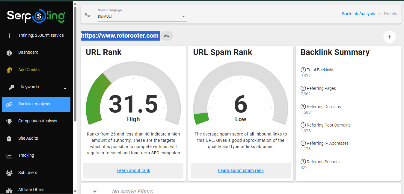 SerpSling AI backlink analysis with URL Rank and URL Spam Rank gauges plus backlink summary