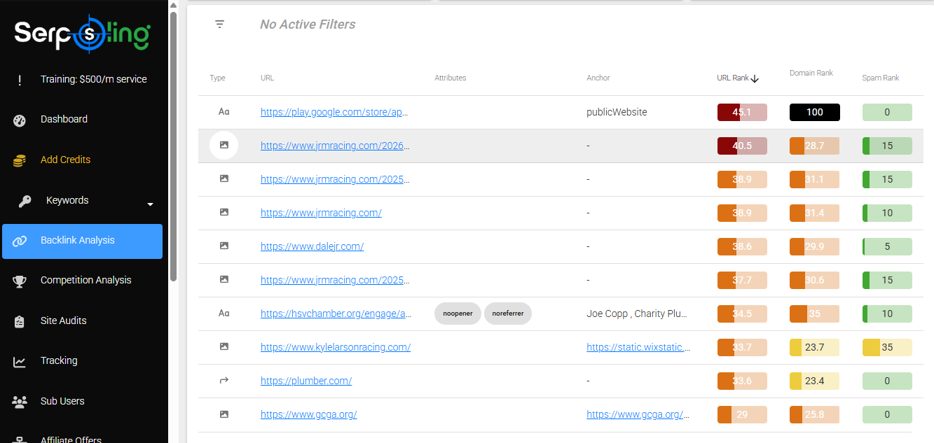 SerpSling AI referring URLs table with URL Rank, Domain Rank, and Spam Rank columns