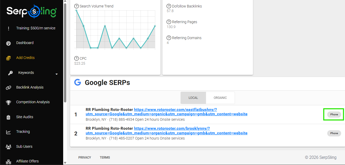 SerpSling AI Google SERPs panel showing Local Pack vs Organic tabs