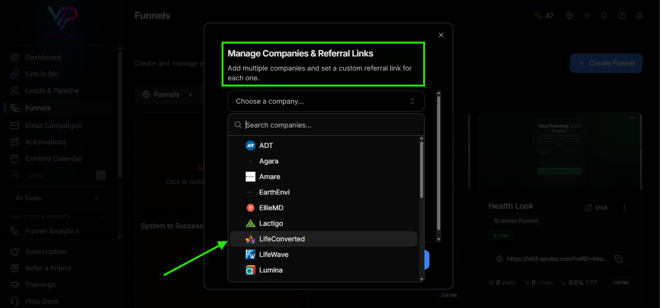 VPulso Manage Companies and Referral Links modal showing pre-built network marketing company options