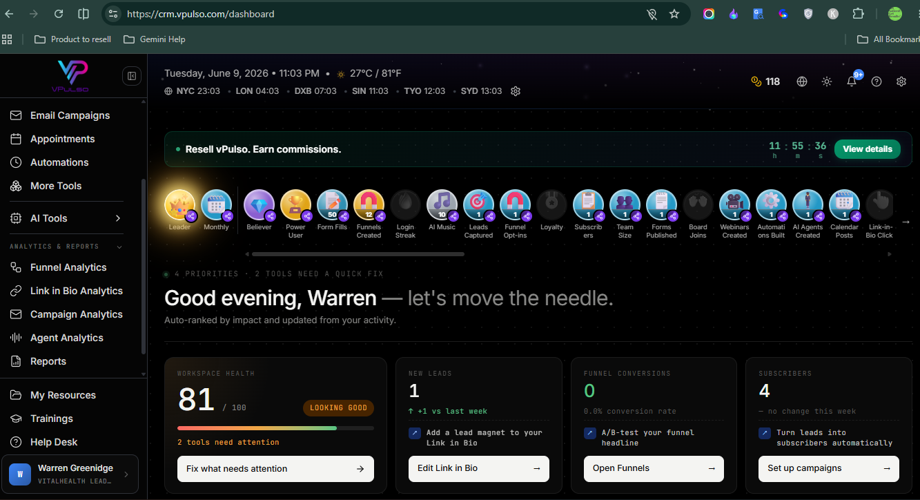 VPulso dashboard with achievement badges, workspace health score, and quick-action cards