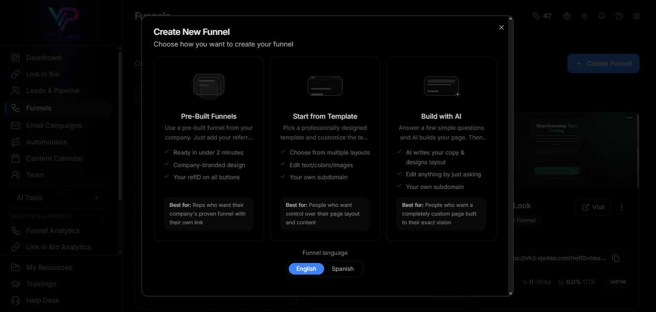 VPulso Funnels — Create New Funnel modal showing Pre-Built templates with refID auto-attached, Template library, and Build with AI options